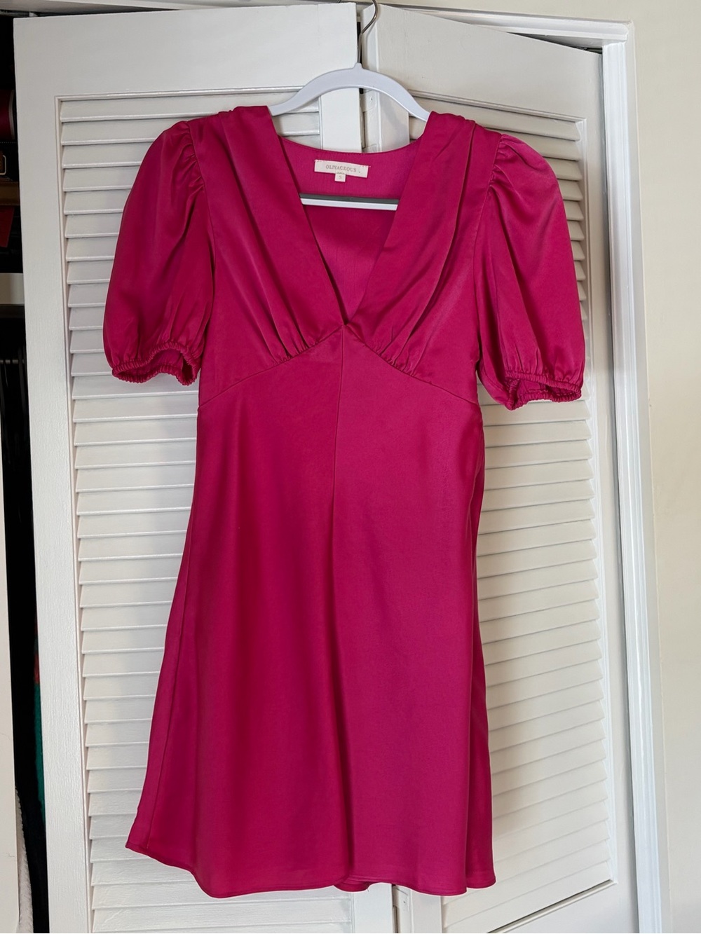 Satin Pink Puff-Sleeve V-Neck Dress